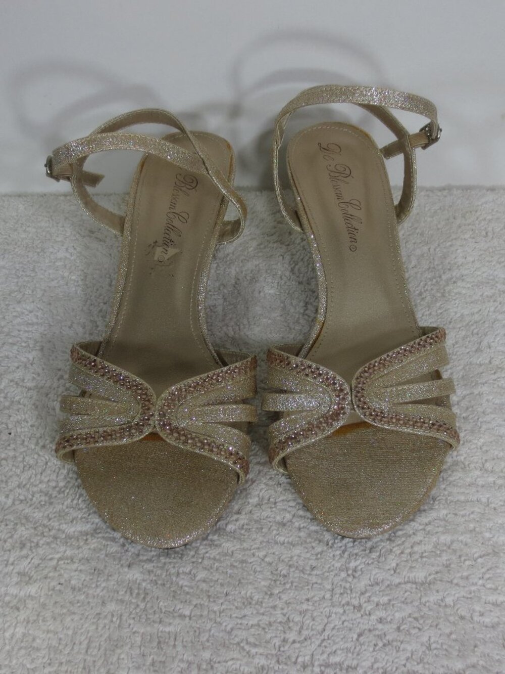 90s De Blossom Connection Shoes Gold Copper Glitzy Strappy Sandal Heels Size 7.5
